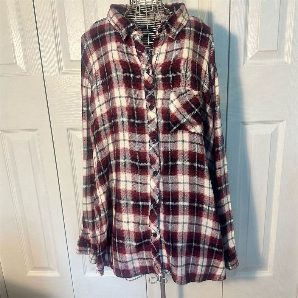 Beachlunch Lounge Women's L Red Plaid Flannel Fringe Hem Shirt